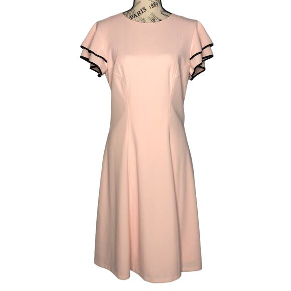 Tommy Hilfiger SIZE 10 Pink Ruffled Black Detail Short Sleeve Fit & Flare Dress - Picture 1 of 12